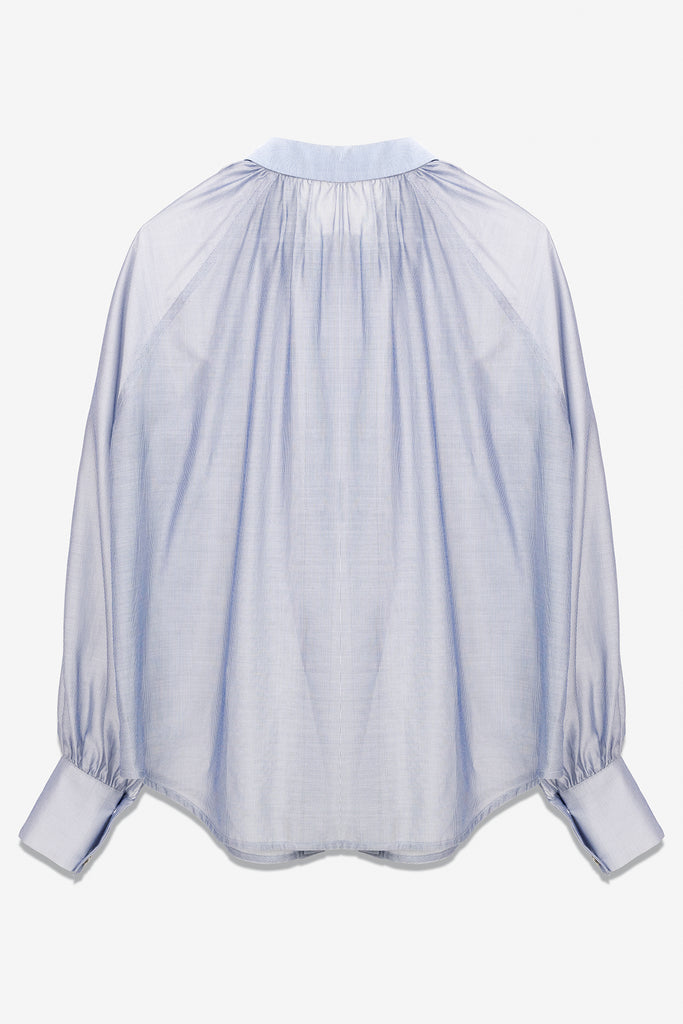 SEANNUNG -輕薄藍色條紋抽褶襯衫 Striped Pattern Shirt with Short Sleeve- Women