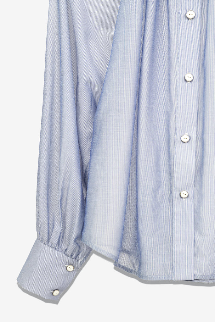 SEANNUNG -輕薄藍色條紋抽褶襯衫 Light-Weight Striped Shirring Shirt in Light Blue- Women