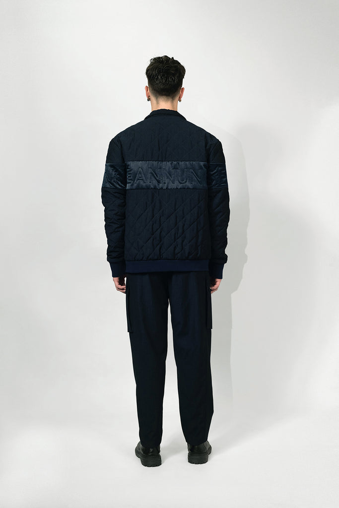 SEANNUNG -  MEN - V Cut Striped Pattern Padded Jacket in Navy V字剪接直條鋪棉外套