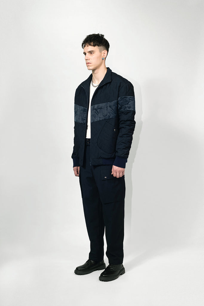 SEANNUNG -  MEN - V Cut Striped Pattern Padded Jacket in Navy V字剪接直條鋪棉外套
