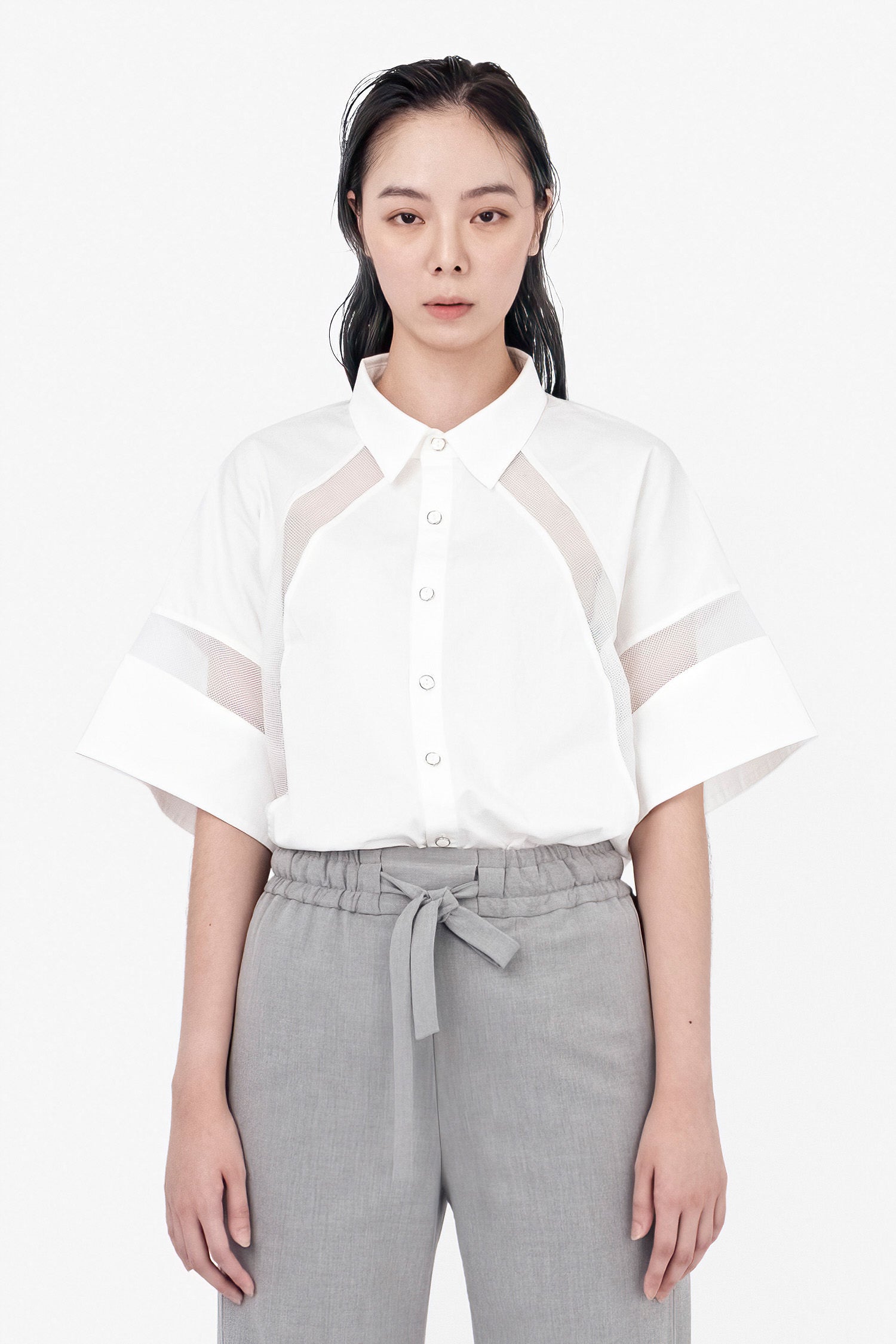 SEANNUNG - WOMEN - styled Short Sleeve Mesh Shirt W-網布拼接短袖襯衫 
