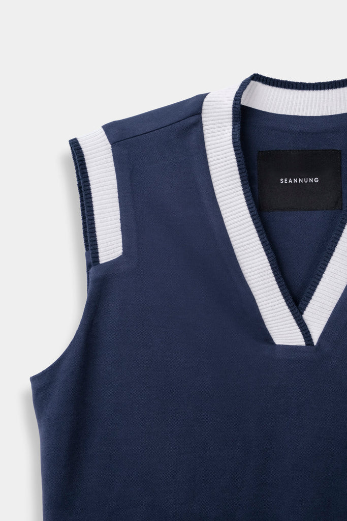 SEANNUNG - 深藍結構無袖POLO上衣 Structure Sleeveless Polo Shirt in Navy - Woman
