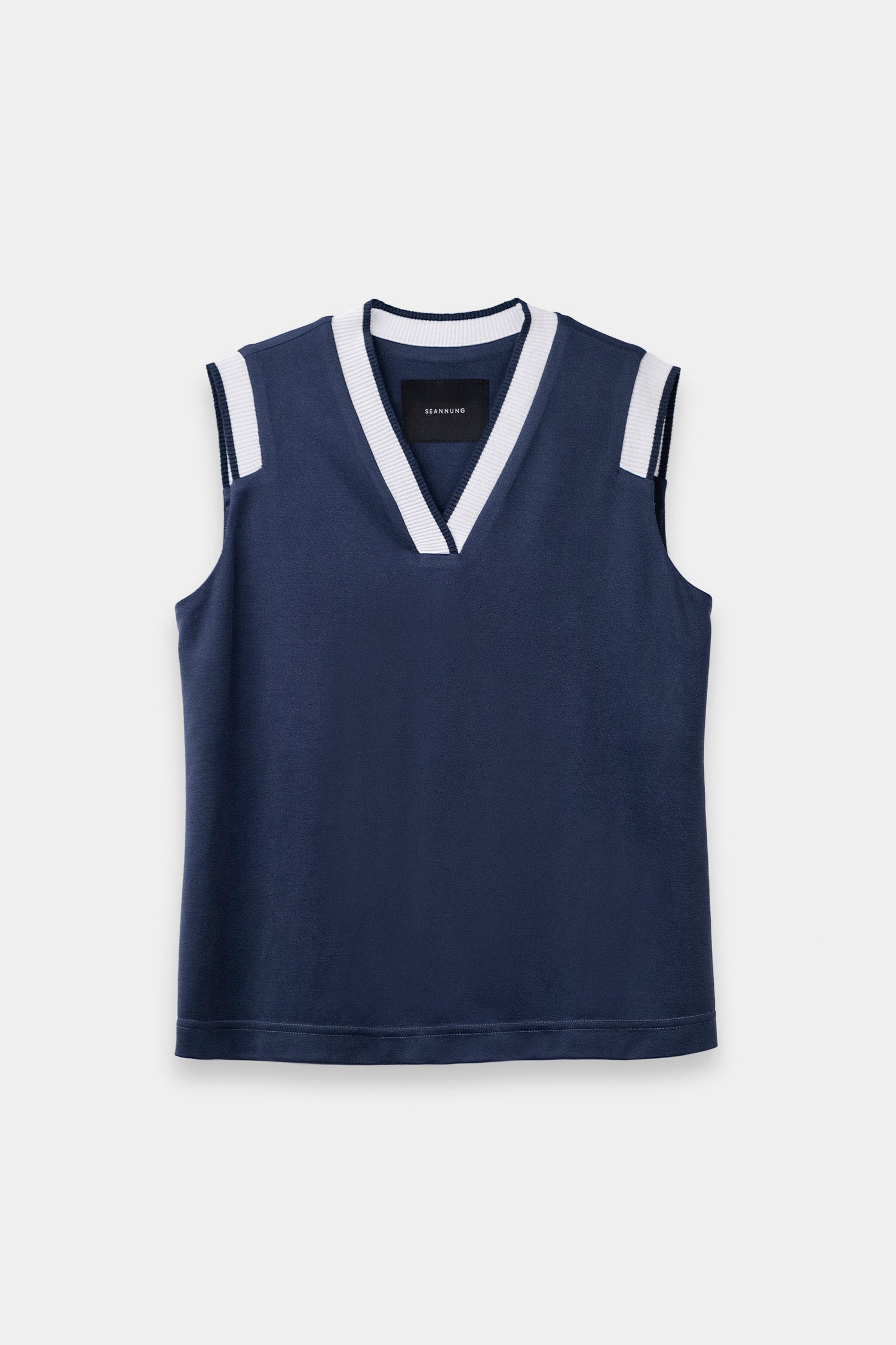 SEANNUNG - 深藍結構無袖POLO上衣 Structure Sleeveless Polo Shirt in Navy - Woman