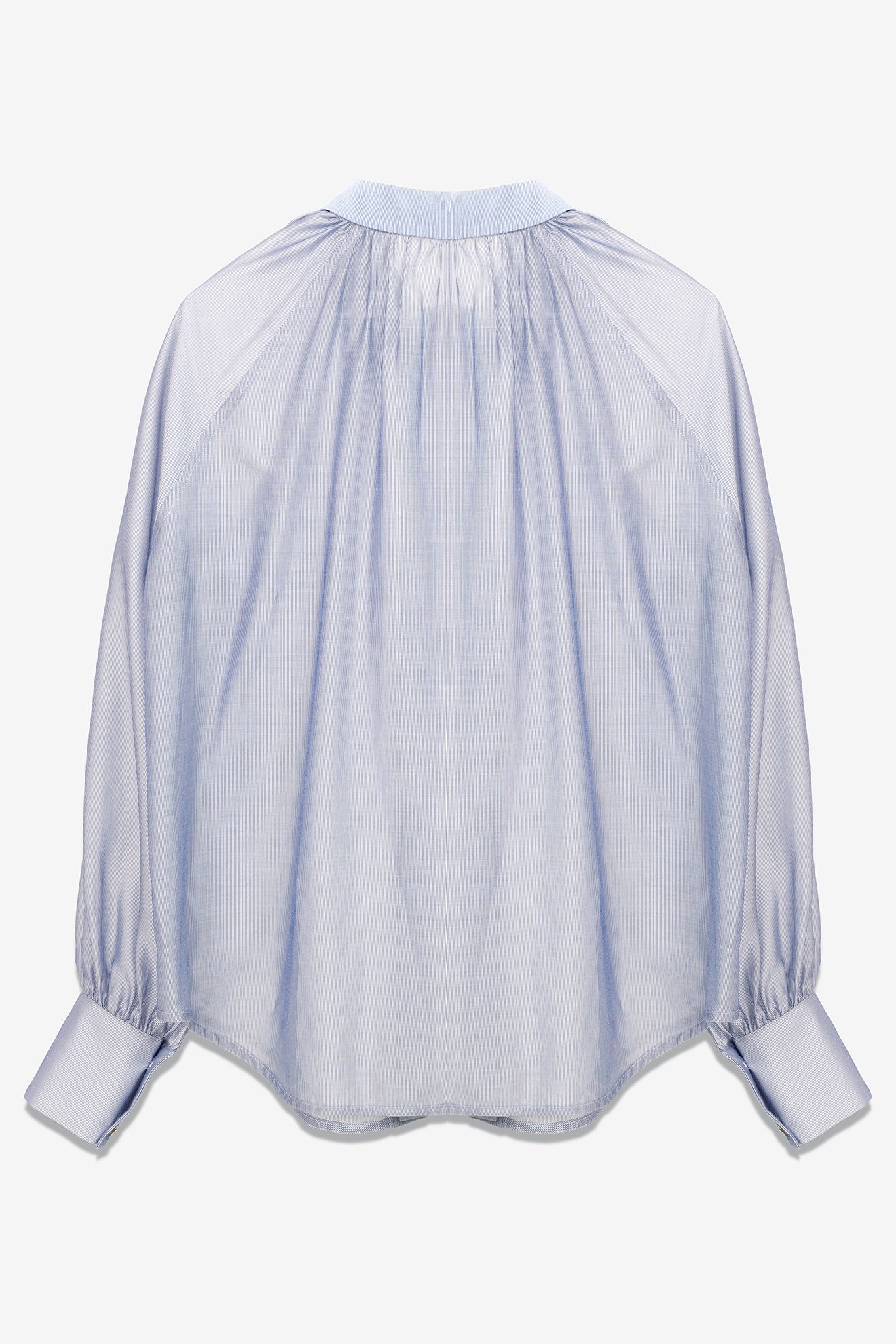 SEANNUNG -輕薄藍色條紋抽褶襯衫 Striped Pattern Shirt with Short Sleeve- Women