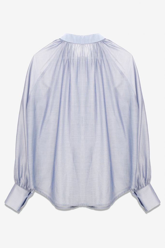 SEANNUNG -輕薄藍色條紋抽褶襯衫 Striped Pattern Shirt with Short Sleeve- Women