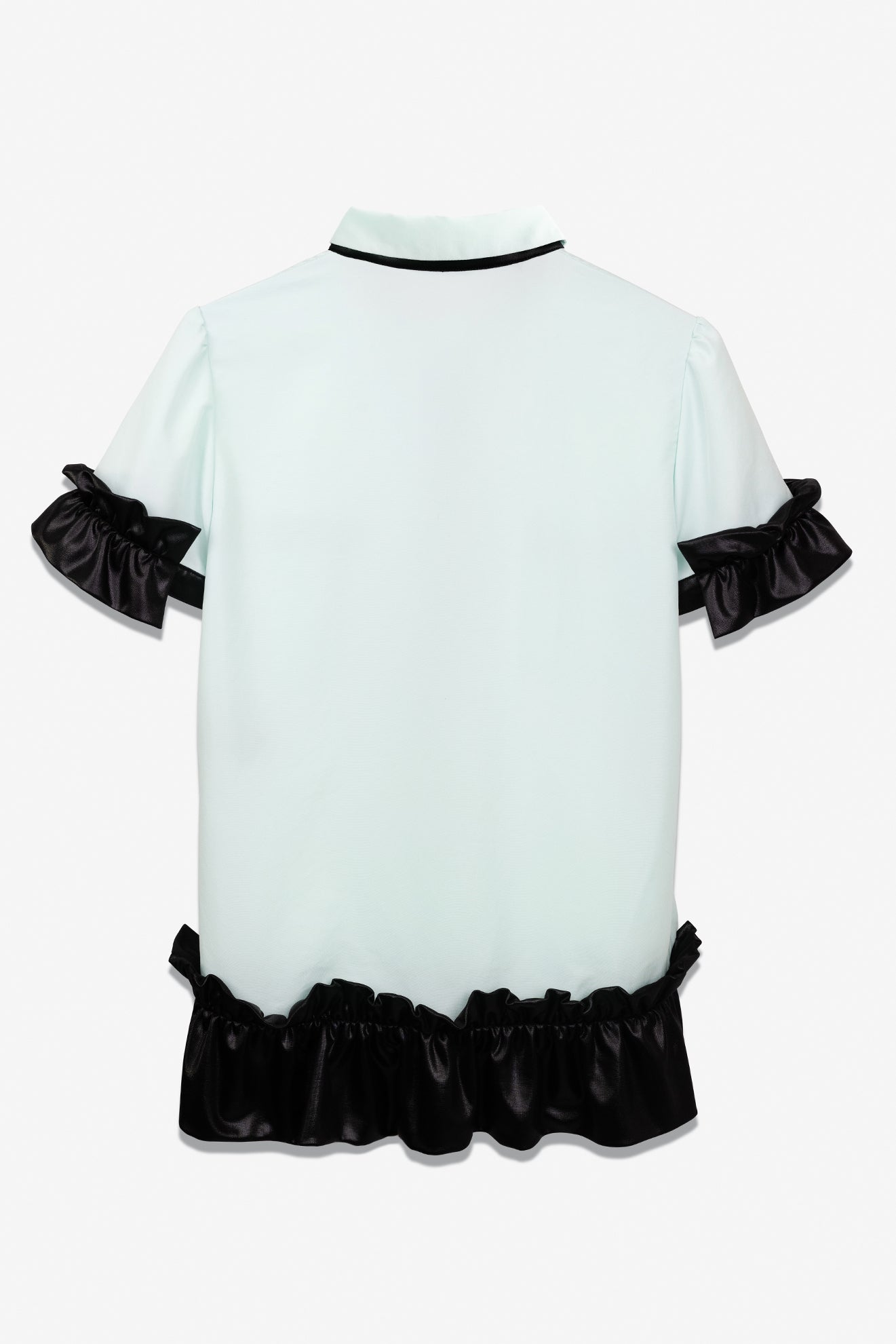 SEANNUNG - 拼接荷葉裝飾短袖襯衫 Mixed Material Short Sleeve Falbala Shirt in Green - Women