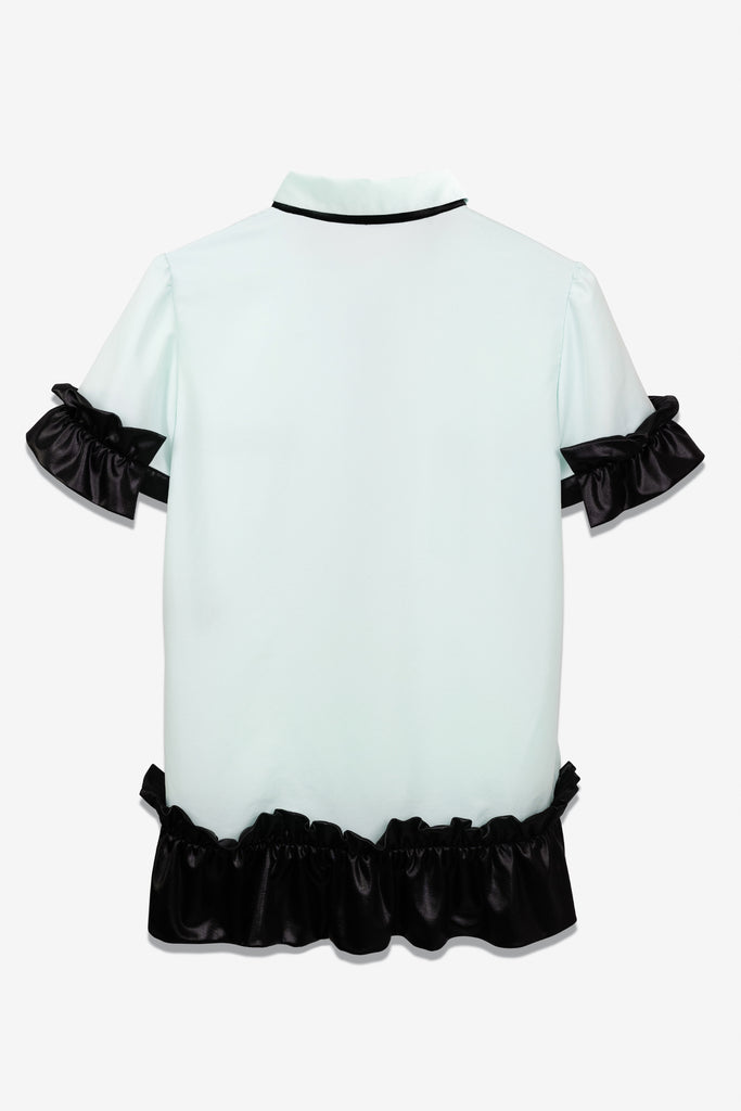 SEANNUNG - 拼接荷葉裝飾短袖襯衫 Mixed Material Short Sleeve Falbala Shirt in Green - Women