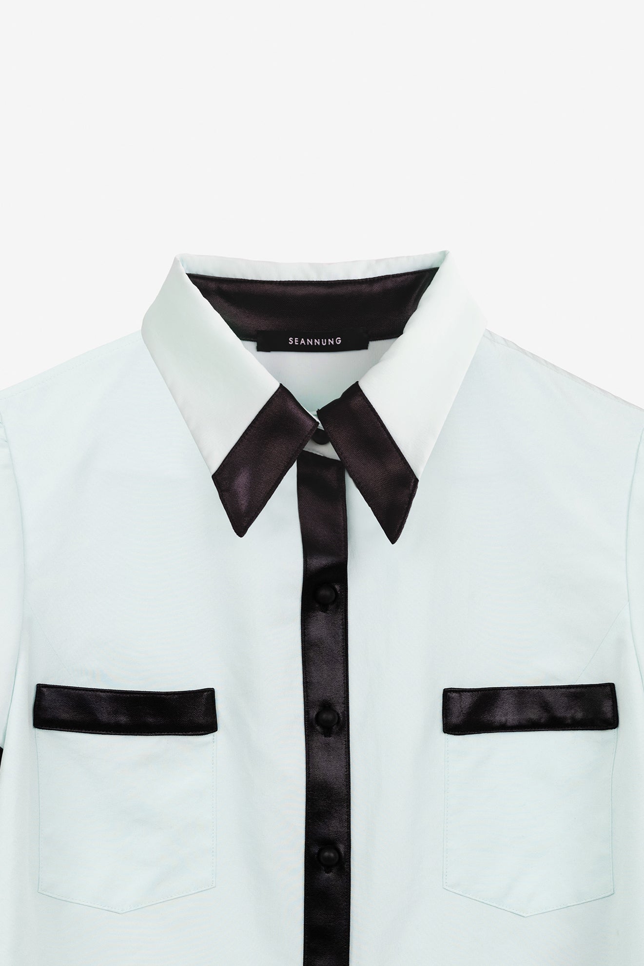SEANNUNG - 拼接荷葉裝飾短袖襯衫 Mixed Material Short Sleeve Falbala Shirt in Green - Women