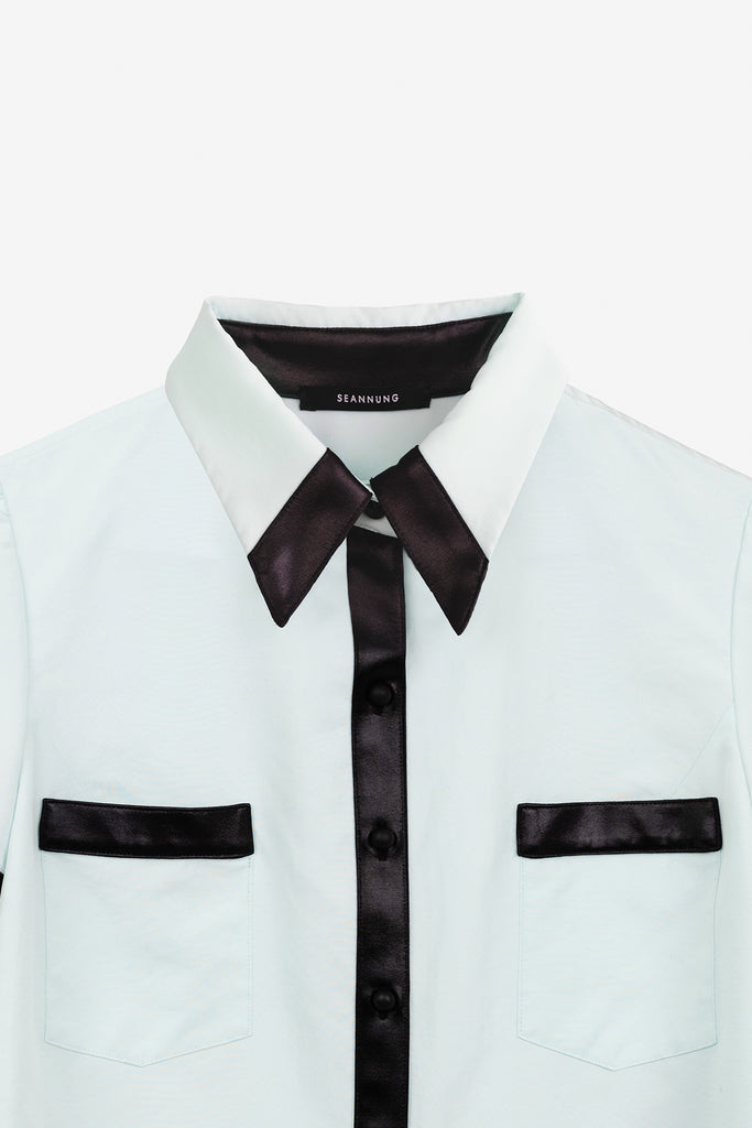 SEANNUNG - 拼接荷葉裝飾短袖襯衫 Mixed Material Short Sleeve Falbala Shirt in Green - Women